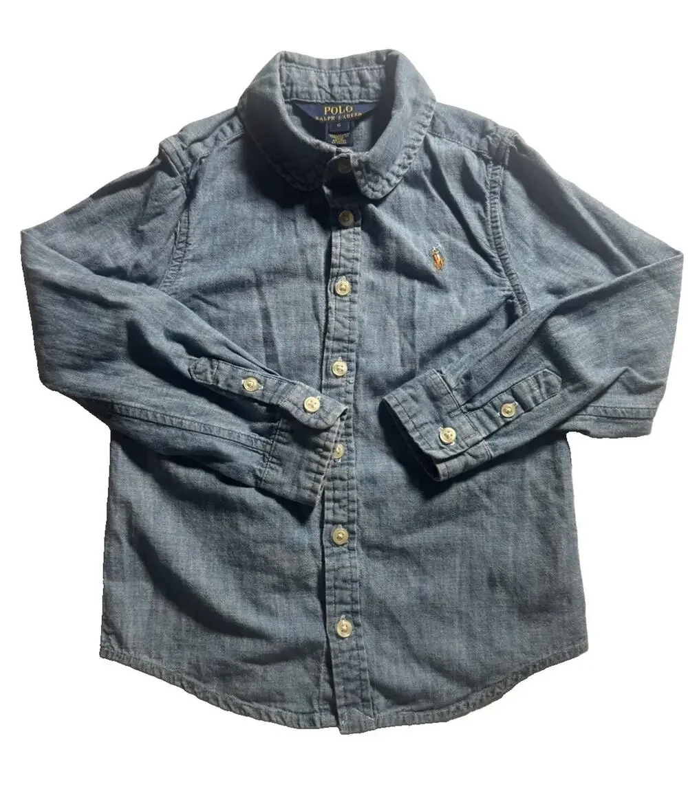 Polo Ralph Lauren Kids Size 6 Blue Chambray Long Sleeve Button Down Shirt Pony